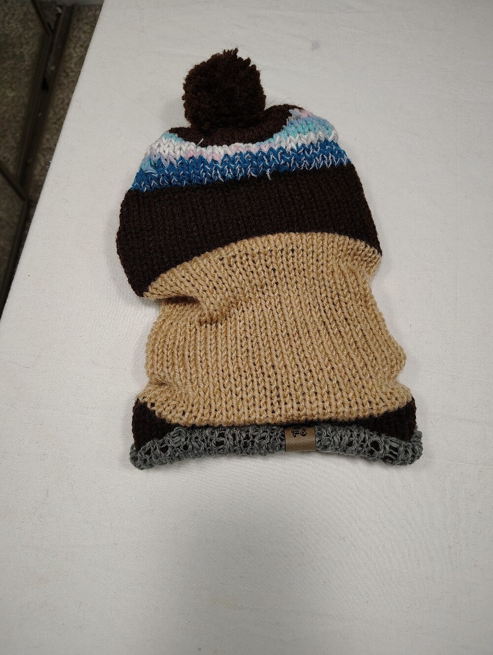 Striped Pom Knit Beanie with Matching Neck Warmer - Brown, Tan & Blue